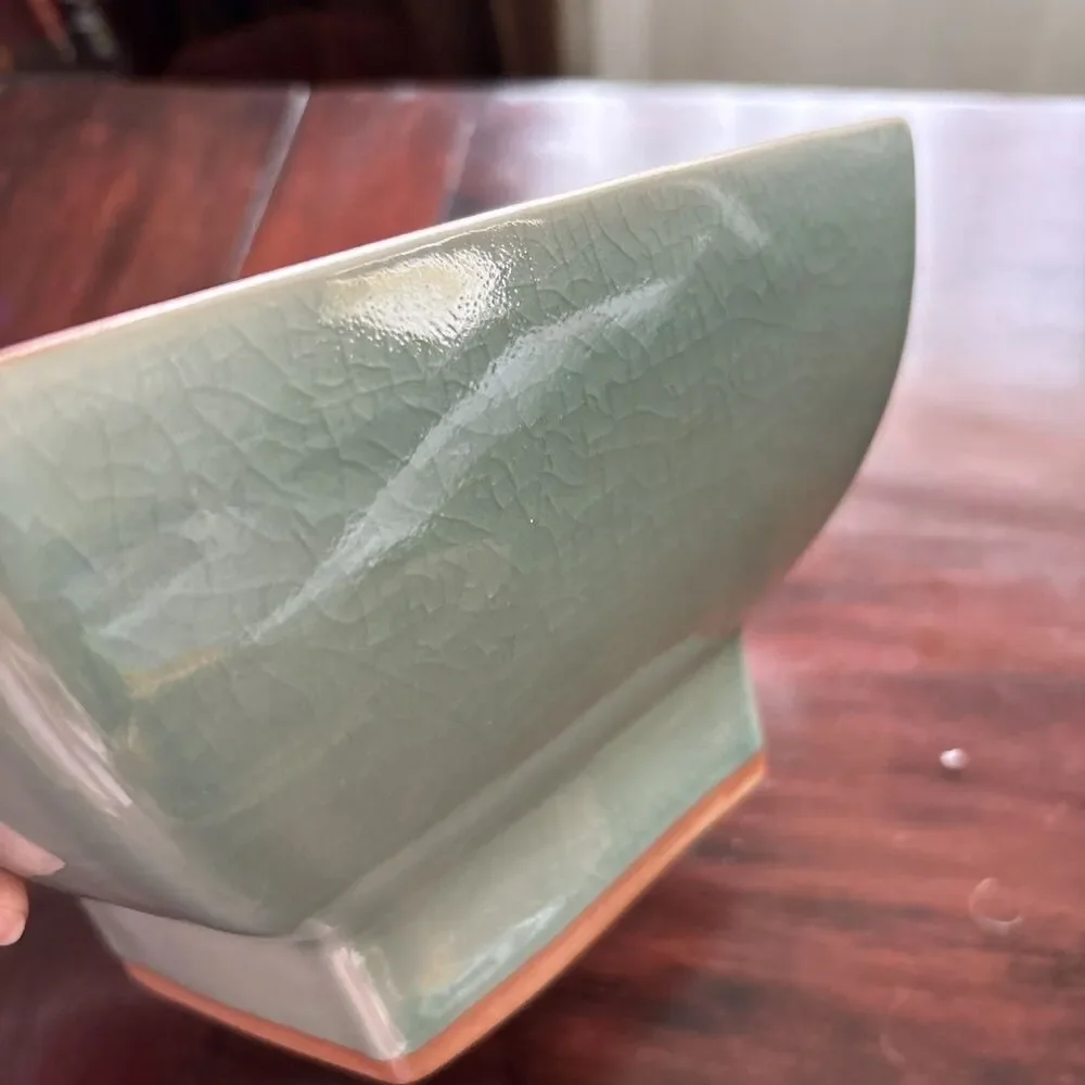 Siam Celadon Square Ceramic Serving Bowl, Floral Design, Footed